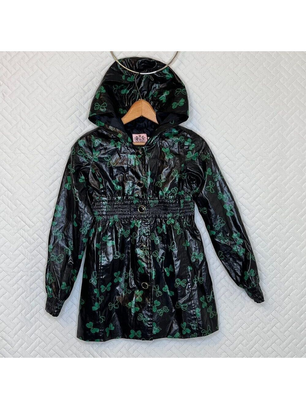 Juicy Couture Hooded Rain Coat RARE Girls 8 M Waterproof Jacket Bow Print Black